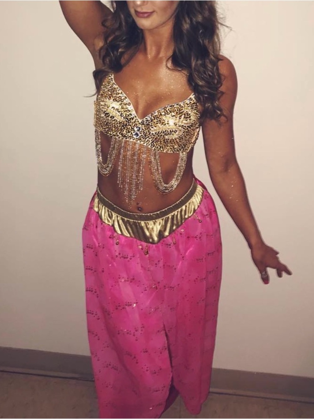 Genie Costume/Gypsy Costu Gold Sequin Fringe Bralette with Hot Pink Harem Pants